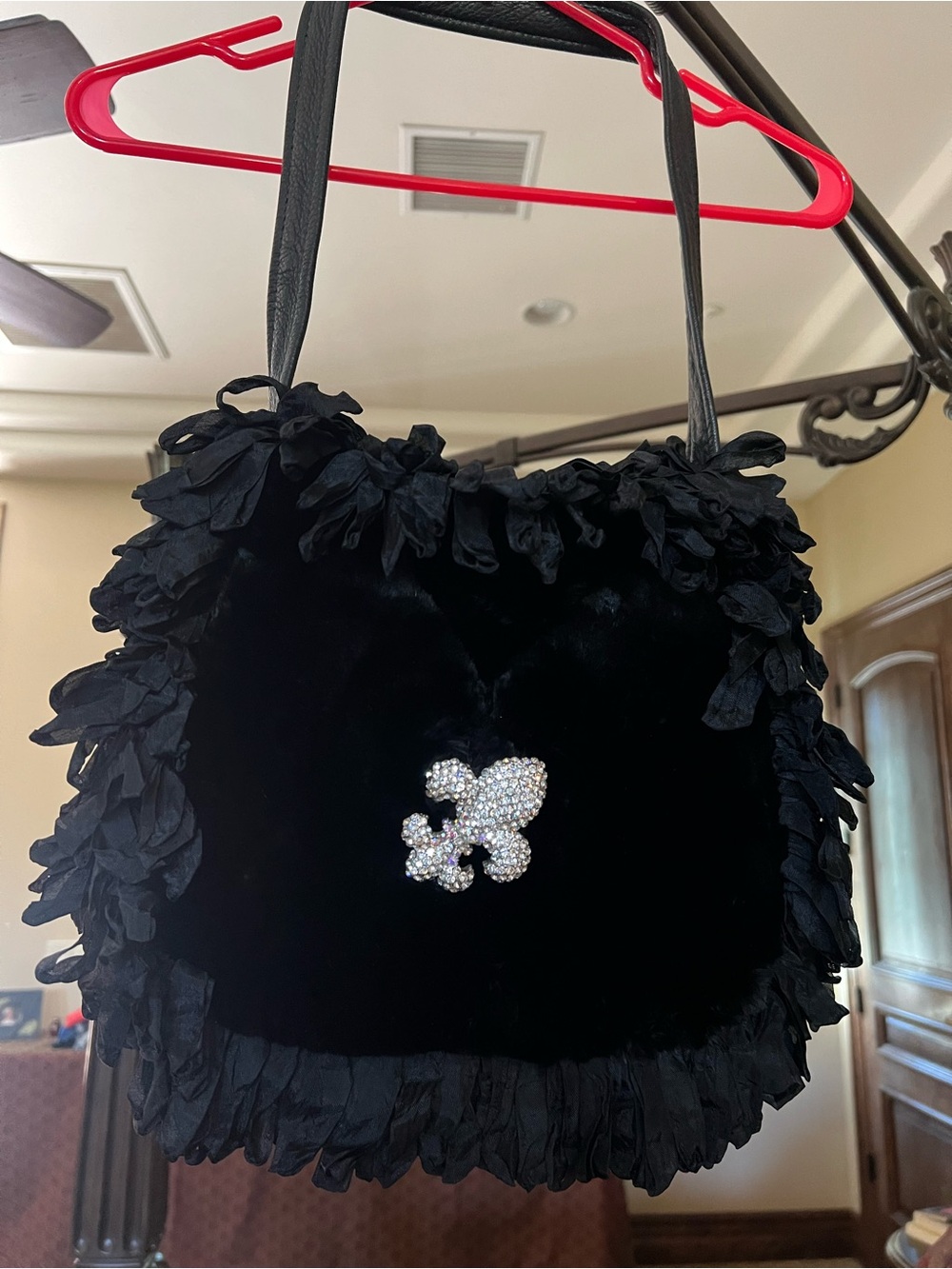 Black Velvet Shoulder Bag with Crystal Accent